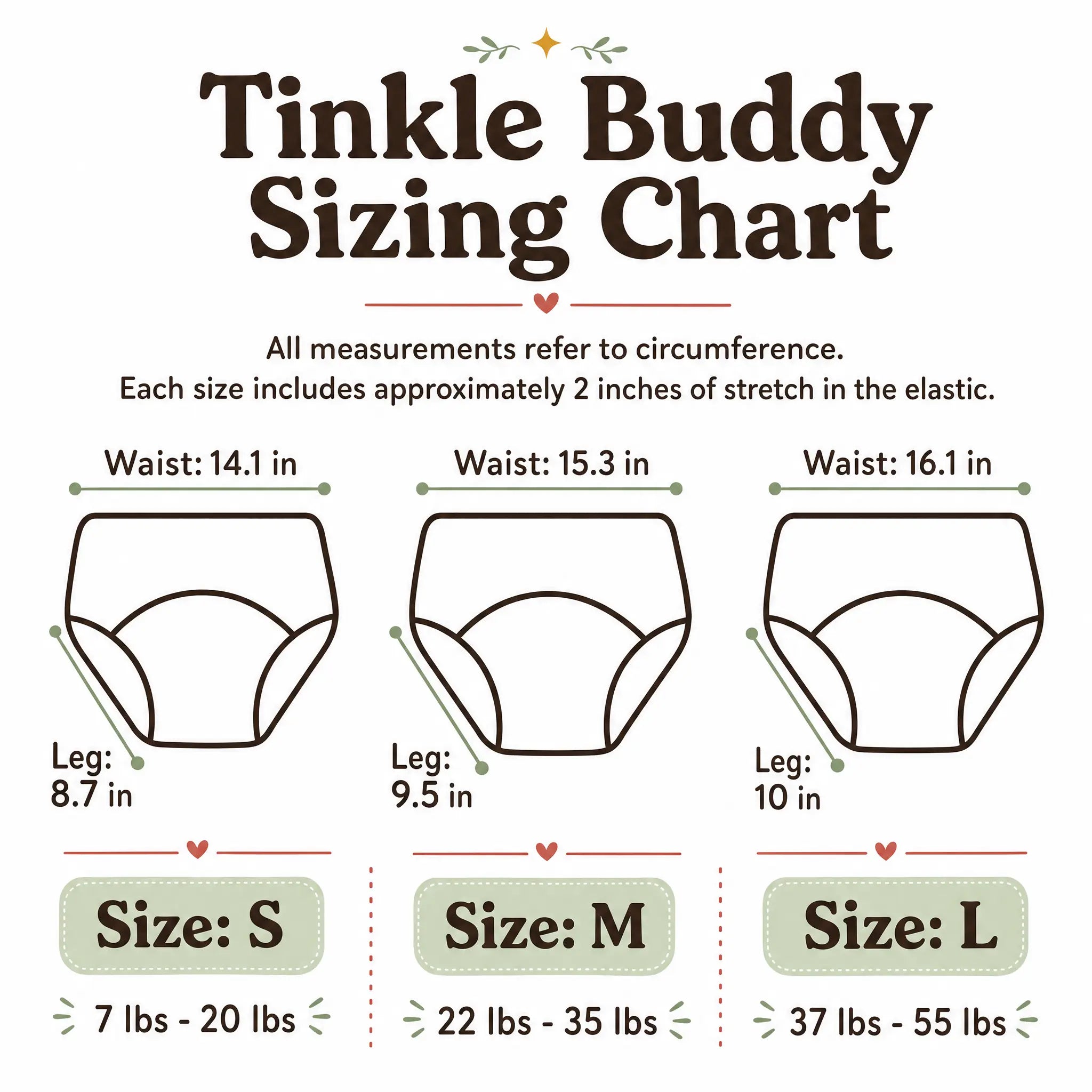 Tinkle Buddy sizing chart